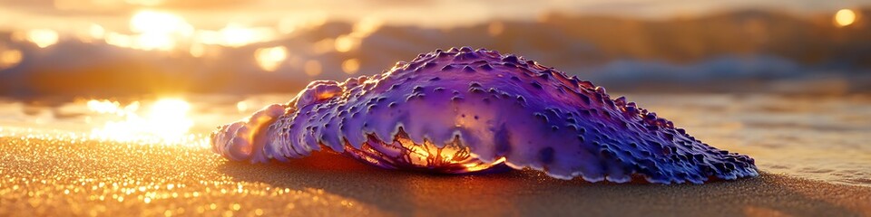 Wall Mural - A Portuguese Man O' War with transparent purple and coral hues resting on golden sands illuminated by the fading golden light of the setting sun