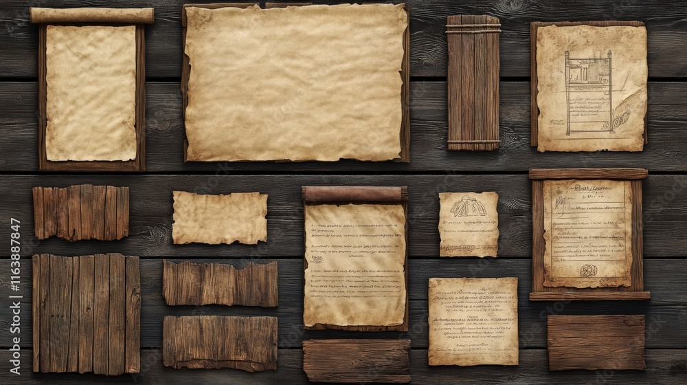Game ui scrolls, wooden boards and antique parchments cartoon menu ...
