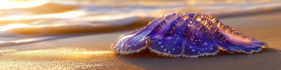 Wall Mural - A Portuguese Man O' War with transparent purple and coral hues resting on golden sands illuminated by the fading golden light of the setting sun