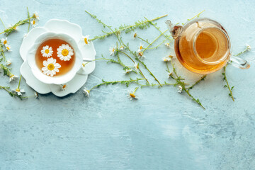 Poster - Chamomile flower tea. A tea cup and a tea pot with fresh medicinal flowers, natural organic remedy, top shot with copy space