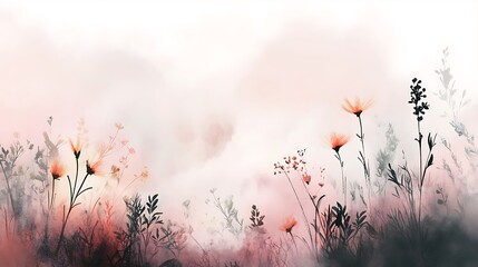 Canvas Print - Watercolor painting of wildflowers in a misty field at sunrise or sunset.