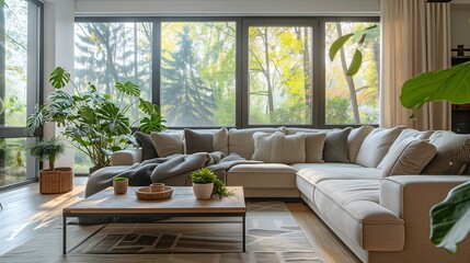 Wall Mural - A modern living room interior design with a spacious layout, sleek furniture in neutral tones, a large L-shaped sofa with cozy throw pillows, a wooden coffee table, floor-to-ceiling windows with natur