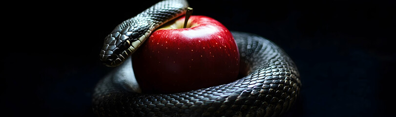 Wall Mural - A snake coiled around a red apple representing temptation and original sin, isolated on a black background  -