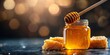 © march2 - A jar of organic honey on the table against a background of blooming flowers, natural products, bowl, sweet, yellow, golden, apiary, farm, honey