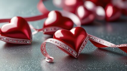 Wall Mural - Valentines Day Decoration Ribbon Shaped Hearts On Shiny Background