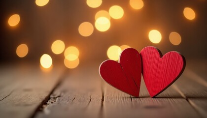 Two red wooden hearts standing on wooden surface. Love and closeness. Valentine's day concept. 