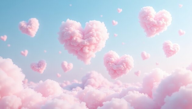Pink clouds in shape of hearts. Romantic and dreamy atmosphere. Valentine's day concept. 