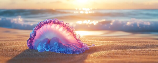 Wall Mural - Portuguese Man O' War glowing in pastel pink and blue hues on golden sands bathed in the warm light of a setting sun with ocean waves shimmering in the background