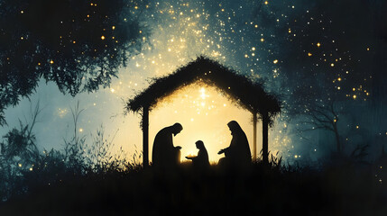 Wall Mural - the nativity. silhouette of the holy family in the stable during the starry night. digital illustrat