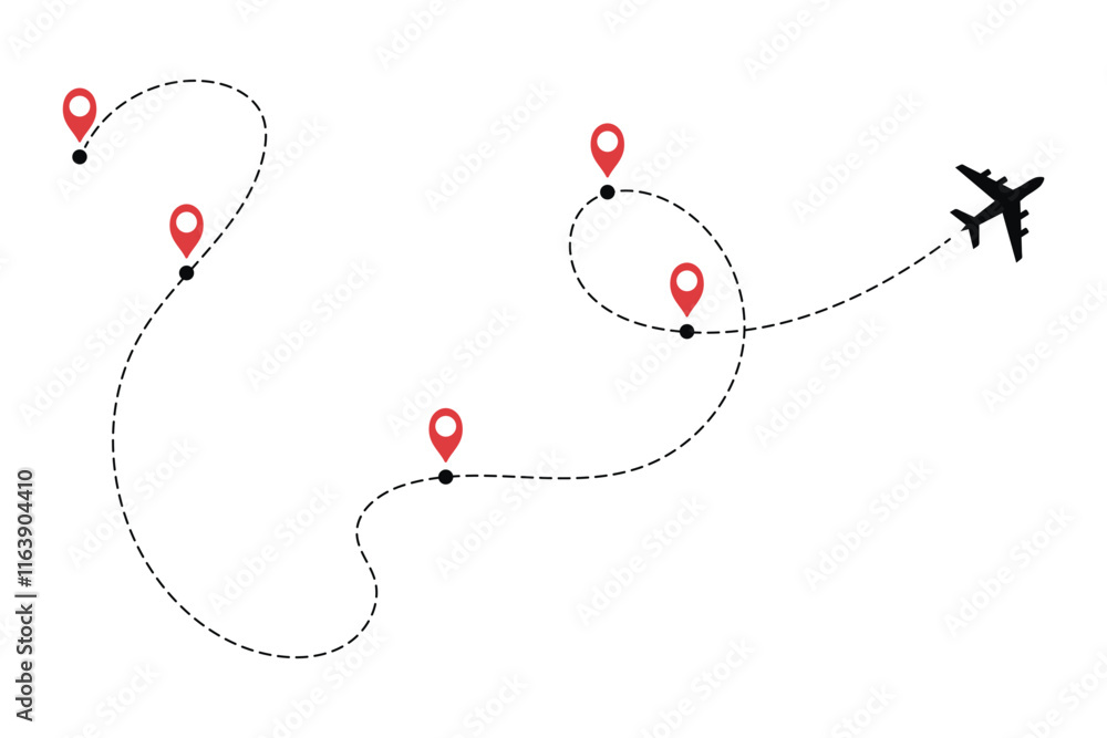 Airplane line path icon of air plane flight route dashed line trace ...