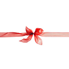 Wall Mural - Long horizontal red ribbon with a neatly tied bow, isolated on a transparent background. Elegant decorative element for gifts, celebrations, or festive designs, Generative AI