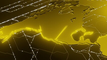 Wall Mural - north america on a digital map with glowing yellow network connections and data lines. concept of gl