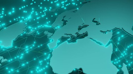 Wall Mural - europe, africa, and parts of asia on a blue digital world map with glowing network connections. conc