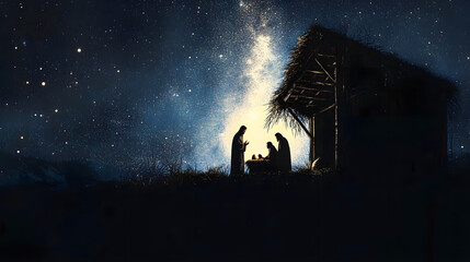 Wall Mural - the nativity. silhouette of the holy family in the stable during the starry night. digital illustrat