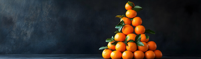 Wall Mural - Creative Christmas tree built with stacked mandarins on a dark background  -