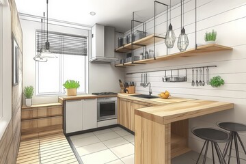 Wall Mural - Modern Kitchen Design Sketch Showing Wooden Cabinets and Island