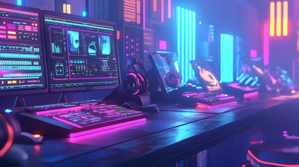 Gaming console table setup with colorful neon lights, screens, and headphones in a busy room -