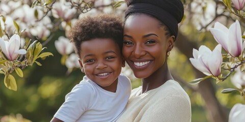 Wall Mural - A mother and her child are smiling and posing for a picture in a park. The mother is wearing a yellow sweater and the child is wearing a white shirt. The scene is bright and cheerful