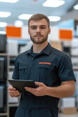 Wall Mural - A man in a blue uniform is holding a tablet in his hand. He has a friendly and approachable demeanor