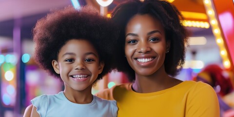 Wall Mural - A mother and daughter are smiling for the camera. The mother is wearing a yellow shirt and the daughter is wearing a white shirt. Scene is happy and joyful