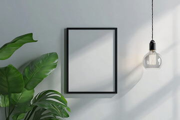 Wall Mural - White wall with black frame mockup, plants on the side, lamp hanging from the ceiling, minimalist style, white floor, modern design studio, soft light, boho vibes, clean background