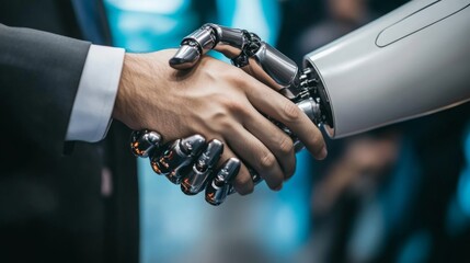 Aufkleber - A robotic hand shakes hands with a human, symbolizing collaboration between technology and humanity in a modern setting.