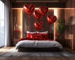 © Mereke - Japanese interior design of a modern bedroom filled with red heart shaped balloons. Declaration of love. Banner. Celebrating Valentine's Day