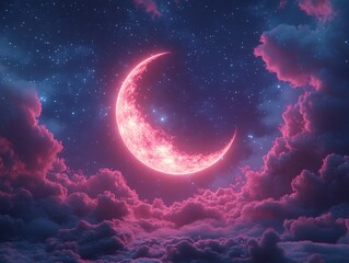 Wall Mural - pink crescent moon in a starry night sky with pink clouds.