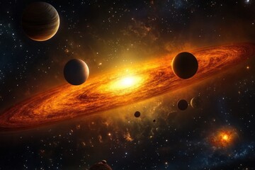 Wall Mural - Planets elegantly orbiting a central star in a galaxy.