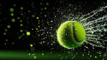 A close-up of a tennis ball hitting the racket strings, captured with sharp focus and energy