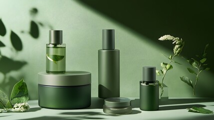 Matcha skincare product, luxury packaging with green tones, fresh botanical accents, and minimalistic design