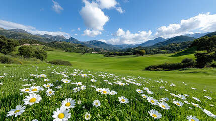 Sticker - scenic landscape with daisies and mountains under blue sky