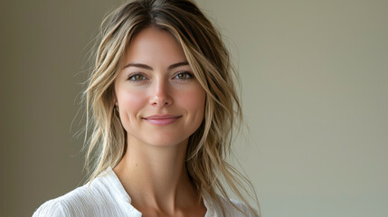 Wall Mural - Young woman with natural beauty smiling confidently in a bright indoor setting with soft lighting and a neutral background, showcasing elegance and approachability