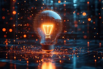 Wall Mural - brilliant light bulb radiating a warm glow, symbolizing innovation and business growth, surrounded by dynamic graphics that represent entrepreneurial ideas and creativity