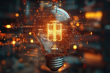 Wall Mural - brilliant light bulb radiating a warm glow, symbolizing innovation and business growth, surrounded by dynamic graphics that represent entrepreneurial ideas and creativity