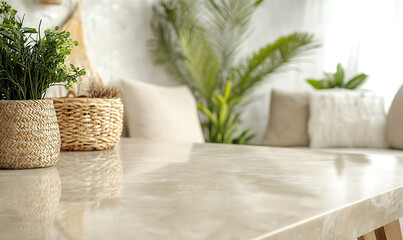 White marble table surface in a modern living room plant pot on the table for displaying products with copyspace for product photography or branding, softly blurred background