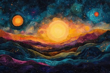 Wall Mural - bustling cosmic journey showcasing vibrant colors and swirling galaxies, transporting viewers through a psychedelic landscape filled with stars and nebulas, evoking a sense of wonder and exploration