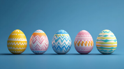 Wall Mural - Custom decorated easter egg concept. Colorful Easter eggs with zigzag patterns arranged on blue background