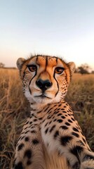 Wall Mural - Cheetah Selfie In African Savanna Grassland At Sunset