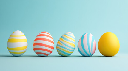 Wall Mural - Custom decorated easter egg concept. Colorful striped Easter eggs arranged in row on pastel blue background