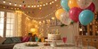 © Sojib_Islam - Festive birthday party setup with colorful balloons, string lights, and decorated cake on a table in a cozy living room, perfect for celebrations and special occasions