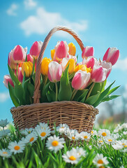 basket of pink tulips surrounded by white daisies on green grass with a bright blue sky in the backg