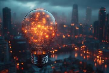 Wall Mural - light bulb filled with intricate digital network patterns against a dark technological backdrop, symbolizing innovation and artificial intelligence in a visually striking manner