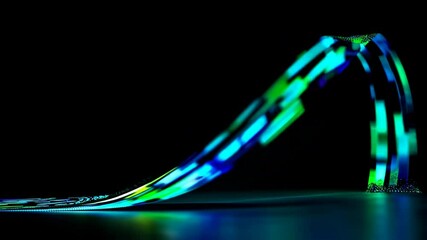 Wall Mural - abstract neon light wave in motion. dynamic curved led strip glowing in blue and green colors agains
