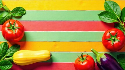 Sticker - Vibrant Summer Produce Arranged on a Colorful Striped Wooden Surface, Featuring Tomatoes, Squash, and Eggplant