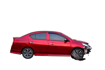 Car crash, Full body side view of red sedan car get damaged by accident on the road. damaged cars after collision. Isolated on transparent background, car crash broken, PNG File