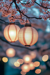 Wall Mural - Softly glowing lanterns among cherry blossoms at dusk, creating a dreamy and tranquil festive ambiance.