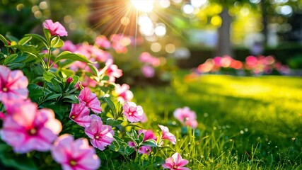 Wall Mural - Vibrant pink flowers bloom in sunlit garden, where greenery thrives and nature flourishes, creating cheerful outdoor atmosphere in spring.