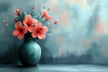 Wall Mural - Teal Vase Holds Peach Blossoms Against Textured Background