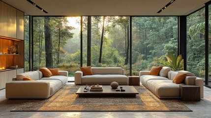 Wall Mural - Modern living room, forest view, beige sofas.